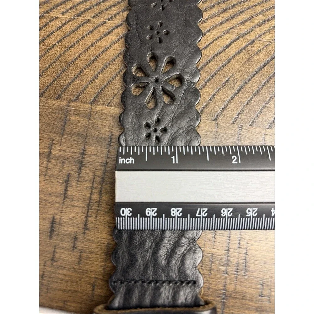 Black Genuine Leather Belt Scalloped Edge Perforated Flower Cut Women Size L